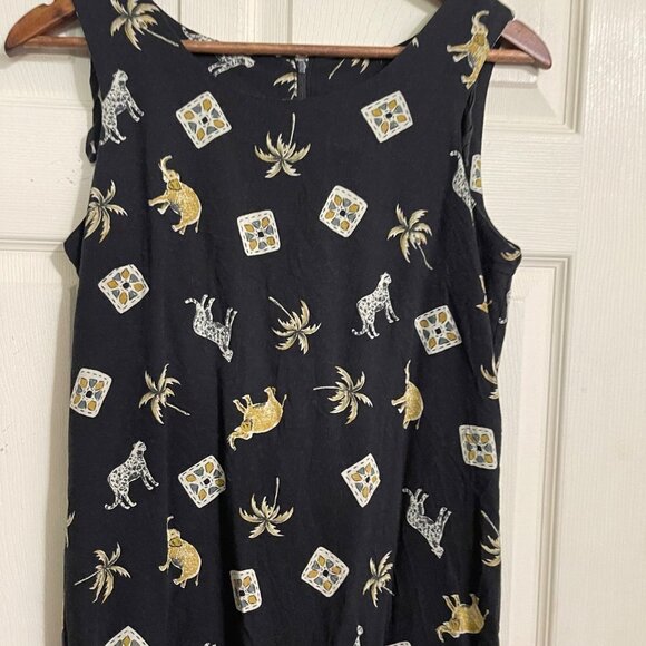 Vintage Womens Black Sleeveless Slit Elephant Palm Tree Leopard Midi Dress Small - Picture 3 of 7